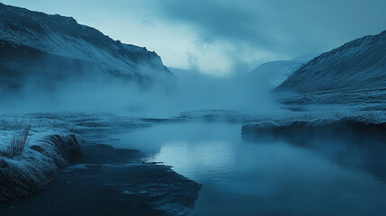 Fototapeta premium serene Icelandic hot spring surrounded by misty mountains and icy terrain, creating tranquil and mystical atmosphere