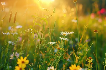 Fototapeta premium Wildflower Background. Beautiful Meadow Wildflowers in Natural Green Rural Setting