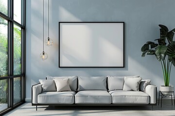 Window Art. Empty Frame Mock-Up Hanging in Cozy Minimalism Living Room with Glass Window
