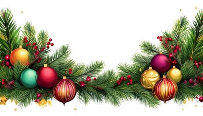 Festive holiday arrangement of fir branches with colorful decorative ornaments and berries for seasonal cheer. Generative AI