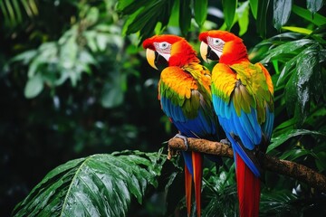 Fototapeta premium A tropical rainforest with lush green foliage and brightly colored exotic birds