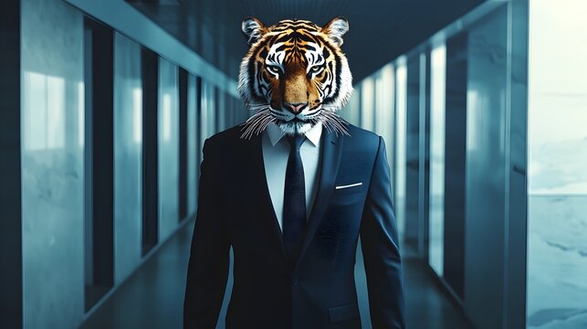 Confident Tiger Businessman Strides Down Corporate Hallway with Purpose and Ambition