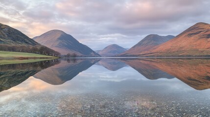 Obraz premium Serene mountain lake with reflections in the water and cloudy sky at dawn.
