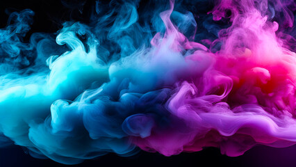 Fototapeta premium Thick clouds of blue and pink smoke mix to create smooth gradients against a dark background.