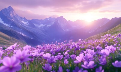 Obraz premium Watercolor Purple flowers on a mountain meadow, view over Saentis mountains into the valley of Meglisalp at sunrise, Saentis, Appenzell Ausserrhoden, Appenzell Alps, Switzerland, Europe