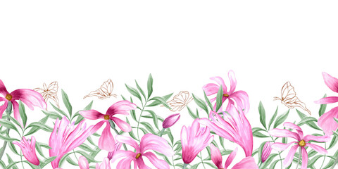 Fototapeta premium Pink magnolia, green leaves and fluttering golden silhouette butterflies watercolor horizontal seamless banner. Abstract flowers illustration with copy space for text. For invitation, greetings