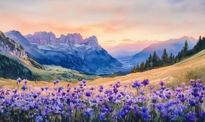 Fototapeta premium Watercolor Purple flowers on a mountain meadow, view over Saentis mountains into the valley of Meglisalp at sunrise, Saentis, Appenzell Ausserrhoden, Appenzell Alps, Switzerland, Europe