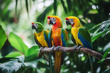 Obraz premium A tropical rainforest with lush green foliage and brightly colored exotic birds