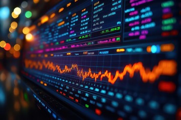 Obraz premium insightful digital illustration showcasing the expansion of the stock market with vibrant graphs charts and indicators set against a blurred dark blue background for a professional look