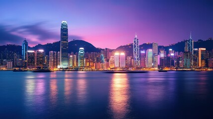 Obraz premium Experience the stunning beauty of a dusk city skyline illuminated by sparkling lights