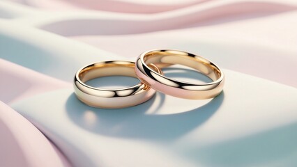 Gold wedding rings on pastel fabric background
