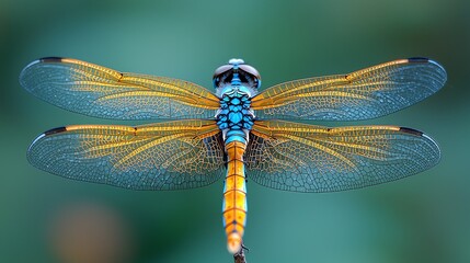 A vibrant dragonfly with blue and orange wings against a green background.