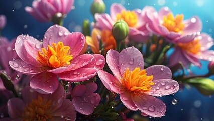  Pink flowers with water droplets against blurred blue background