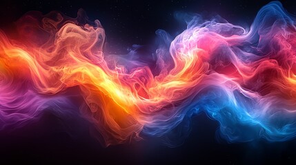 Abstract colorful smoke swirls on dark background.