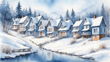 Fototapeta premium Snow-covered village by a river in winter landscape