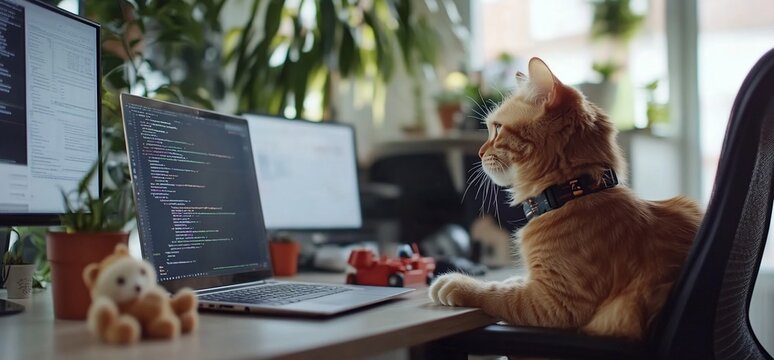 Orange cat sitting on a chair looking at laptop with code on screen in home office.
