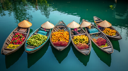 Colorful boats filled with fresh fruits at floating market in Vietnam, showcasing vibrant array of produce and traditional hats worn by vendors