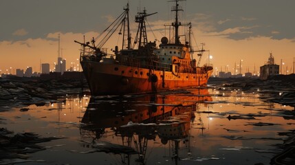 Fototapeta premium A solitary, rusty ship sits docked amidst a sea of debris and the reflection of an urban sunset, a testament to the industrial landscape of the city.