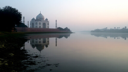 Obraz premium Majestic Taj Mahal at dawn, reflecting in calm waters, surrounded by soft pastel hues. serene and tranquil scene capturing beauty of this iconic monument