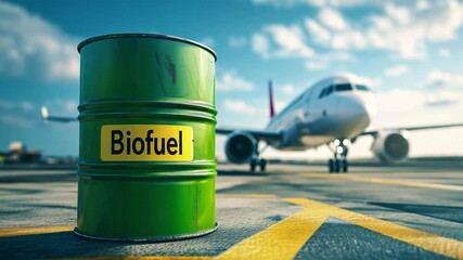 A green biofuel barrel placed near an aircraft on a sunny day at the airport highlighting sustainable aviation energy