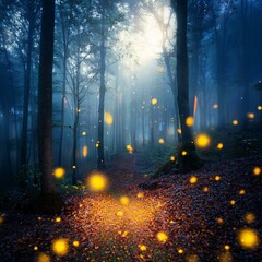ホタルが光を放つ森の中の幻想的な秋の夜。