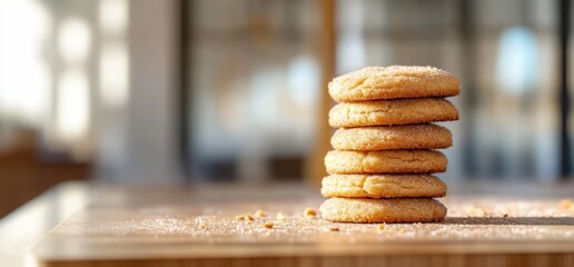 Stack of homemade sugar cookies on wooden surface.