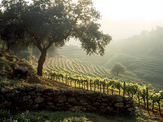 Serene vineyard in Portugal at dawn, showcasing lush green vines and majestic tree. soft morning light creates tranquil atmosphere in landscape