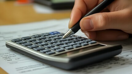 Financial planning and budgeting with calculator and paperwork in professional office setting