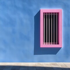 Vibrant blue wall with a pink window frame