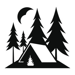 Obraz premium Silhouette of a Camping Scene with Tent Campfire and Pine Trees