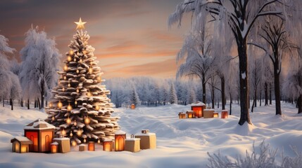 A Festive Winter Scene with a Decorated Christmas Tree and Lanterns in a Snowy Forest