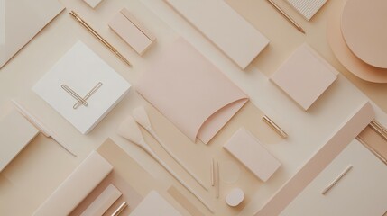 Create a stunning minimalist flat lay featuring office supplies in soothing shades