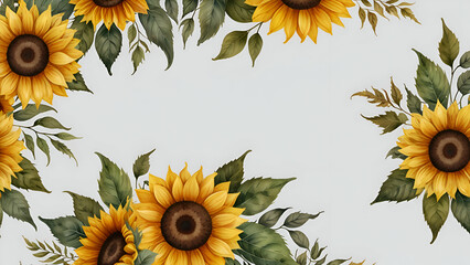 Sunflower banner with watercolor floral frame, perfect for rustic invites and fall decor.