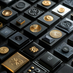 A collection of square tiles with various metallic and geometric designs in gold and black.
