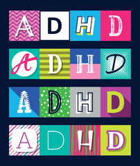 Vector ADHD lettering set on multicolor squares