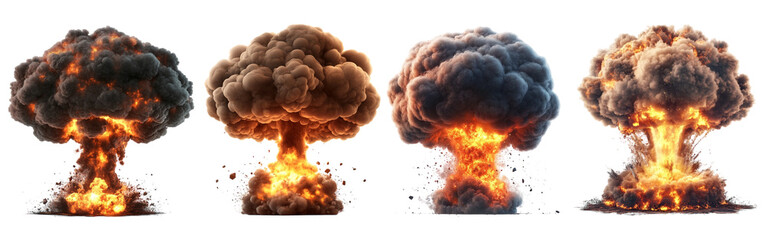 Dramatic explosion smoke clouds on an isolated background, showcasing different stages of combustion and billowing flames in vivid detail.
