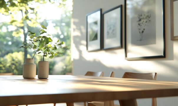 Fototapeta Sunlight streams through a window onto a dining table with two vases and green foliage.