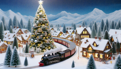 christmas miniature diorama. A fairytale Christmas scene with a snow-covered winter village and warm light.