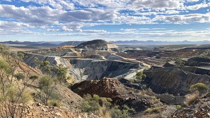 Obraz premium Uncovering australia's gold open-cut mining operation in remote outback reveals vast pit and spoil piles in rugged landscape