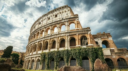 Fototapeta premium The Colosseum in Rome, Italy, with dramatic clouds in the sky.