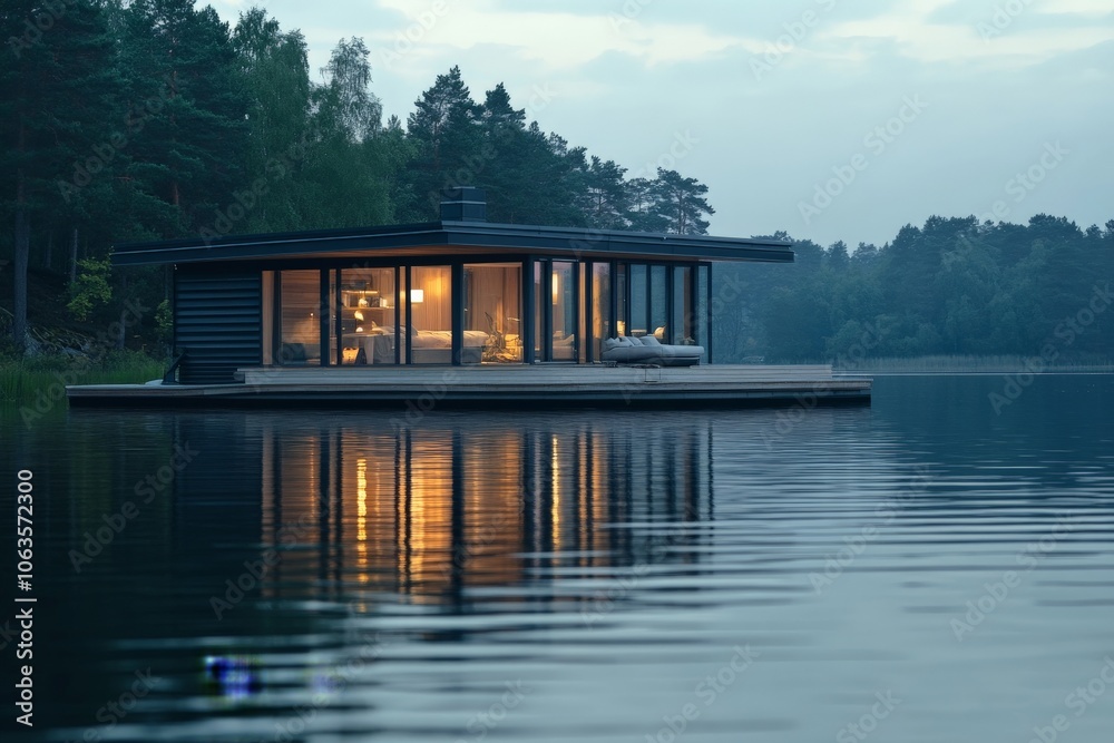 Poster night view of a contemporary round floating house with large glass windows reflecting against the tr