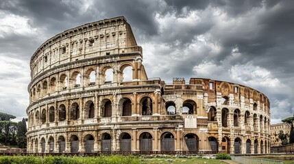 Naklejka premium The Colosseum, an ancient Roman amphitheater, stands tall against a dramatic cloudy sky.
