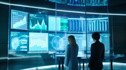 Business Professionals Analyzing Digital Financial Data in High-Tech Control Room