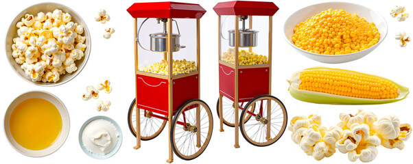Popcorn Machine:  Red popcorn machine on wheels with popcorn, corn kernels, butter, and sour cream.  A classic, nostalgic image that evokes fun and indulgence.