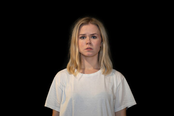 Woman in white t-shirt with Pouting Expression Showing Disappointment
