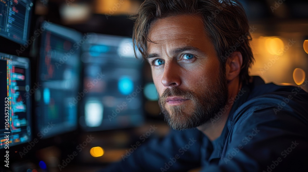 Poster A programmer sits at a desk surrounded by glowing screens, deeply engaged in data analysis while working late into the night. The atmosphere is filled with digital information and dim lighting.