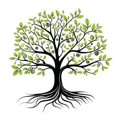Fototapeta premium A stylized tree with green leaves and fruit and black branches and roots.