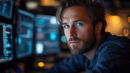 Fototapeta premium A programmer sits at a desk surrounded by glowing screens, deeply engaged in data analysis while working late into the night. The atmosphere is filled with digital information and dim lighting.