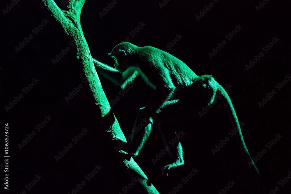 Poster A dynamic shot of a monkey climbing a glowing tree trunk in an enchanting dark forest, capturing the essence of mystery, exploration, and natural wonder.