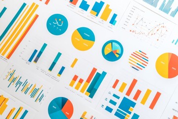 Obraz premium digital marketing strategy dashboard, filled with colorful charts, graphs, and icons, against a clean, white background